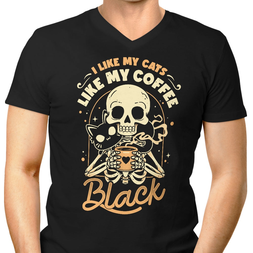 Men's Stylish V-Neck T-Shirt Featuring Cats and Coffee