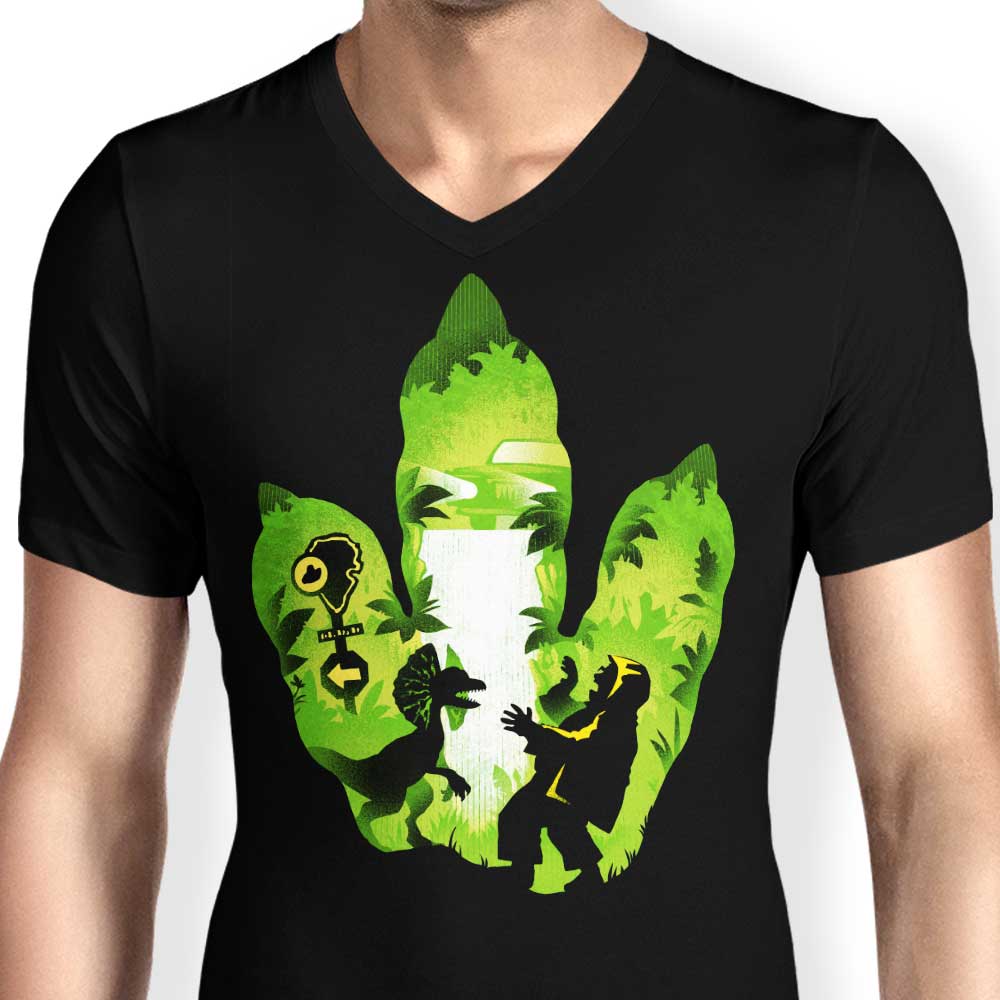 Men's V-Neck T-Shirt with Dilophosaurus Footprint Design