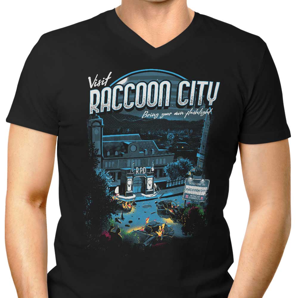 Men's V-Neck T-Shirt - Visit Raccoon City Design