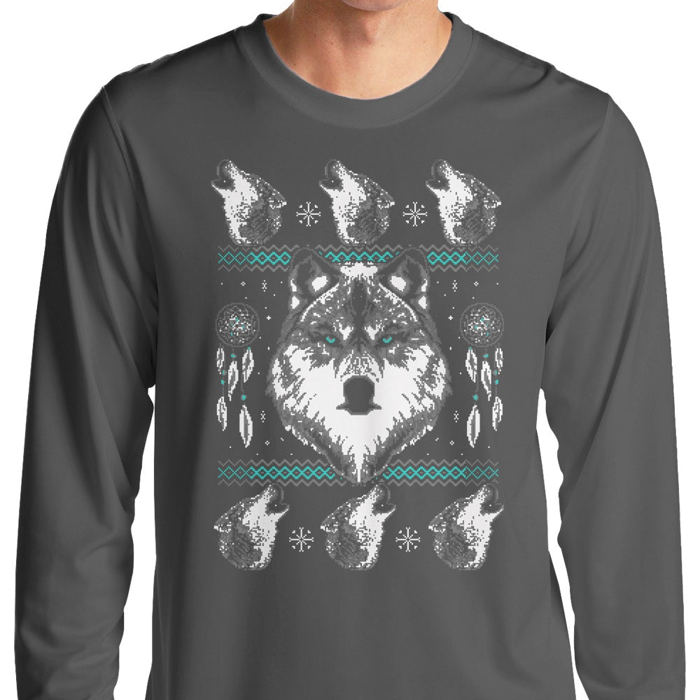 Merry Wolfmas Festive Long Sleeve Cotton-Polyester T-Shirt