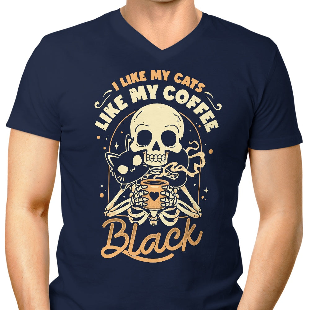 Men's Stylish V-Neck T-Shirt Featuring Cats and Coffee