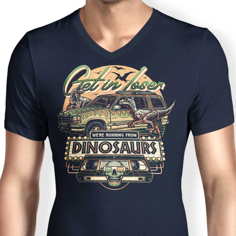 Men's Stylish V-Neck T-Shirt with 'We're Running from Dinosaurs' Design