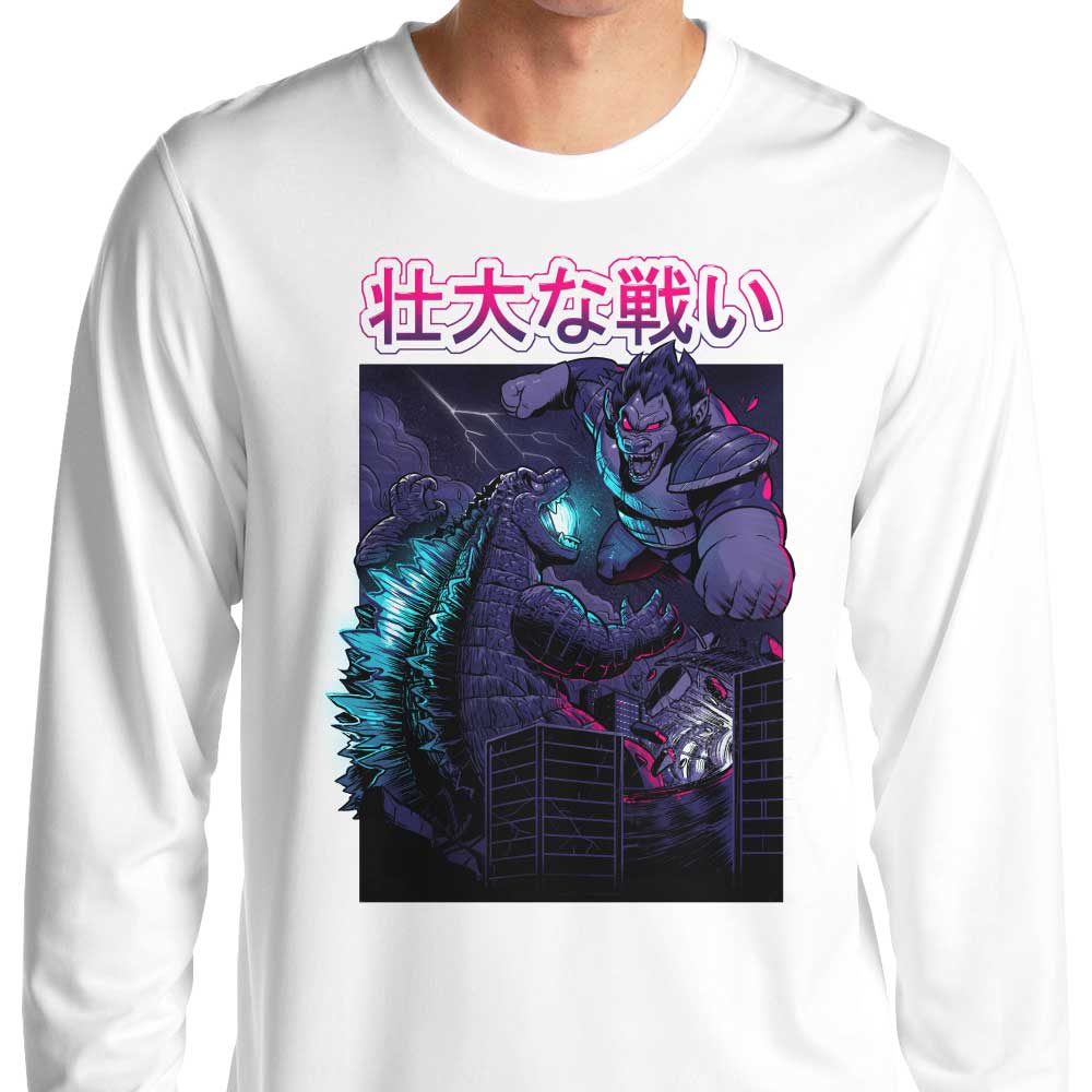 Epic Kaiju Battle Themed Long Sleeve T-Shirt for Fashion Enthusiasts