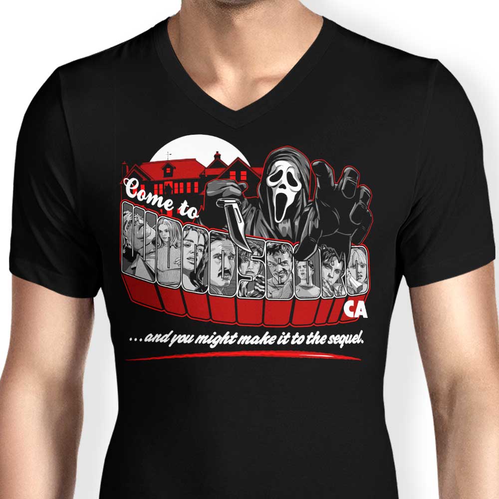 Men's V-Neck T-Shirt with 'Come to Woodsboro' Design
