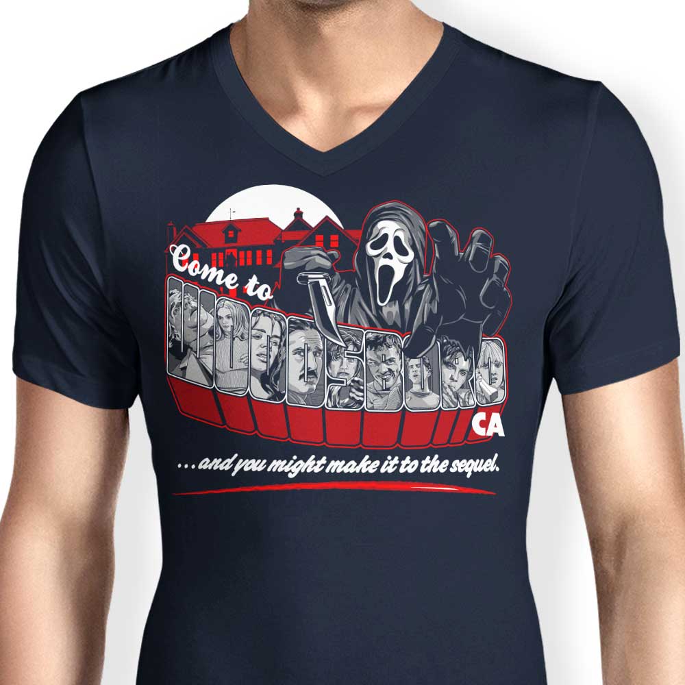 Men's V-Neck T-Shirt with 'Come to Woodsboro' Design