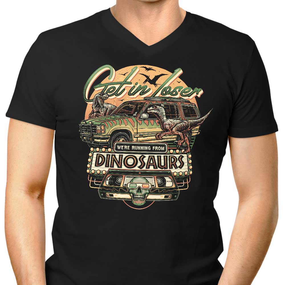 Men's Stylish V-Neck T-Shirt with 'We're Running from Dinosaurs' Design