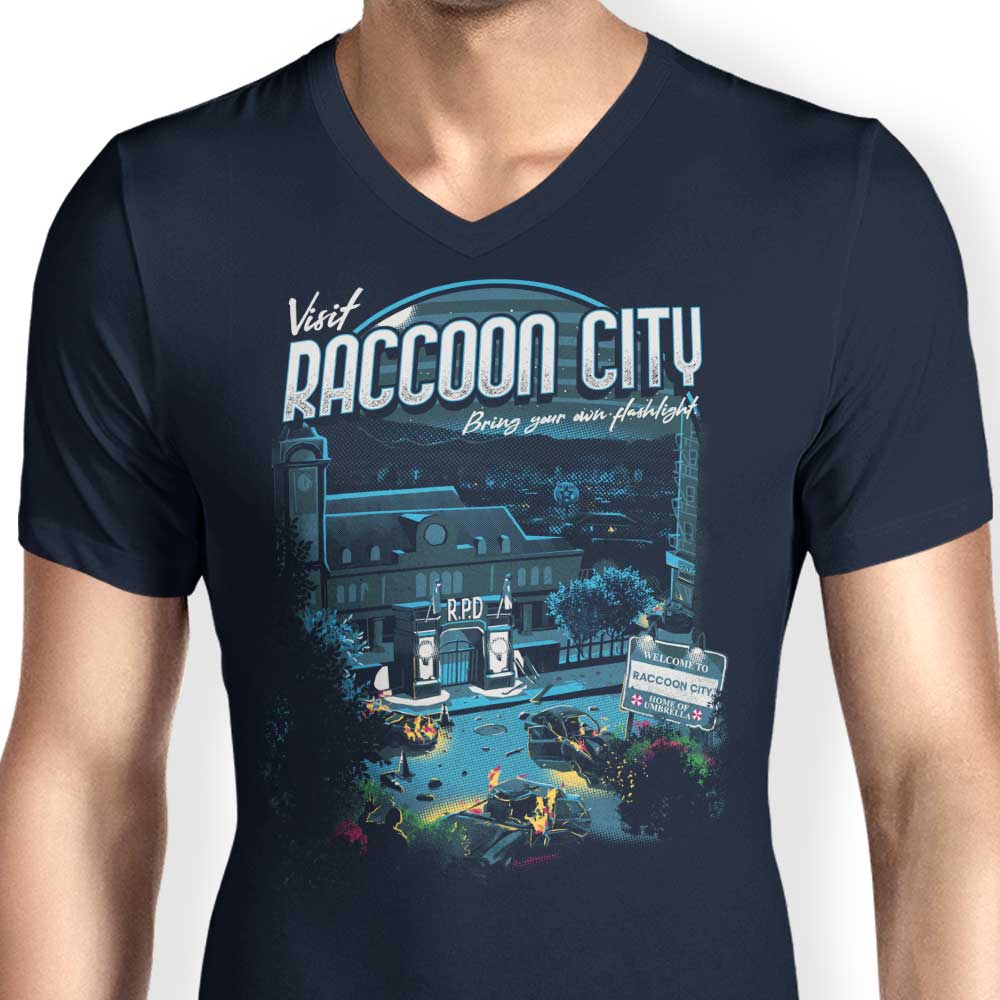 Men's V-Neck T-Shirt - Visit Raccoon City Design