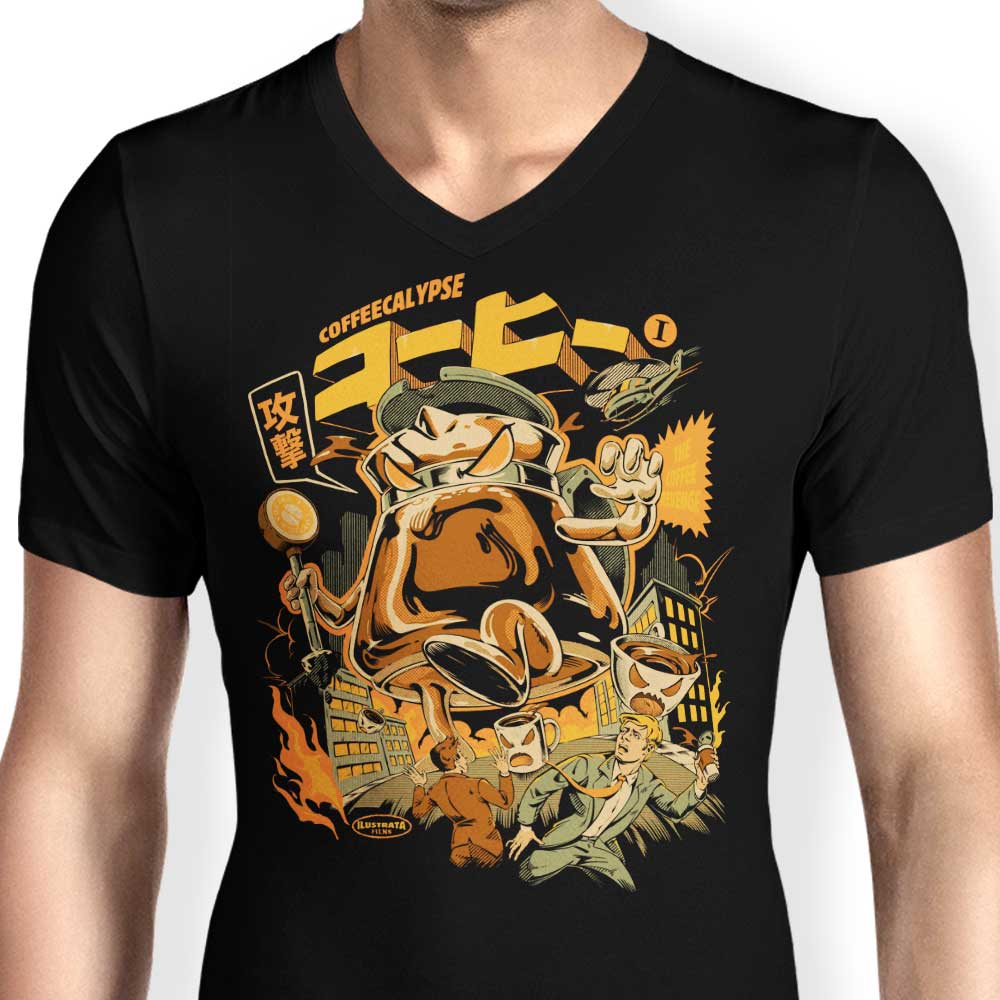 Men's V-Neck Coffee-themed T-shirt: Coffeecalypse