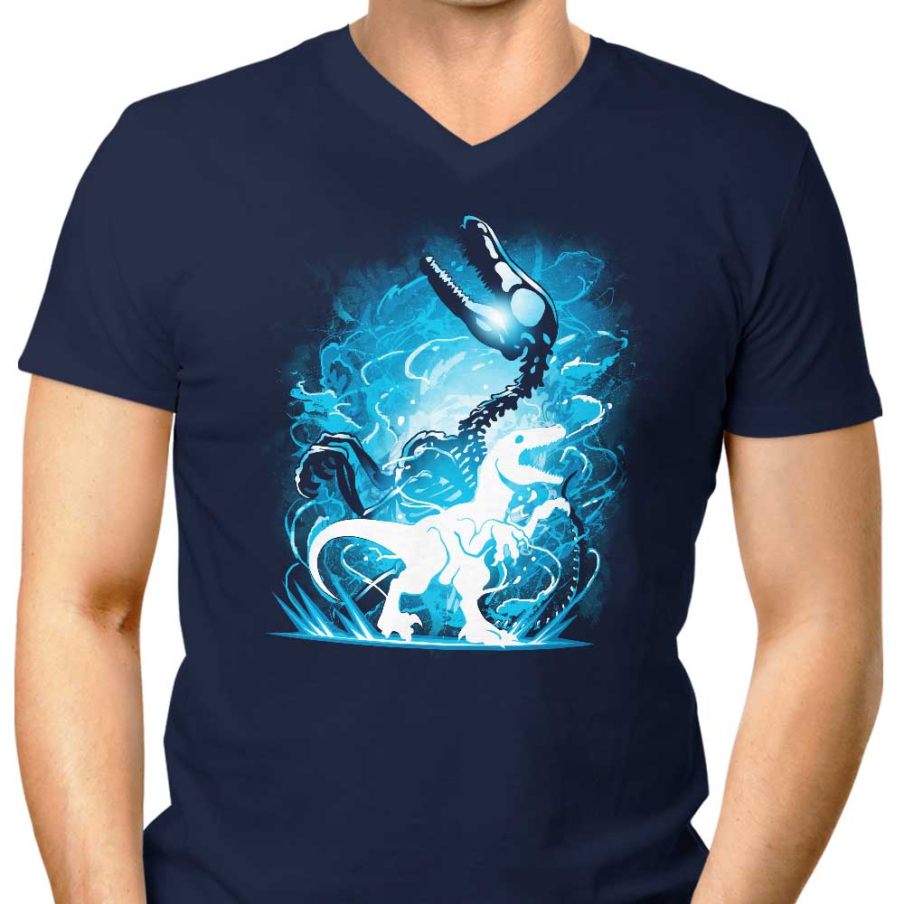 Men's V-Neck T-Shirt with Raptor Silhouette Design
