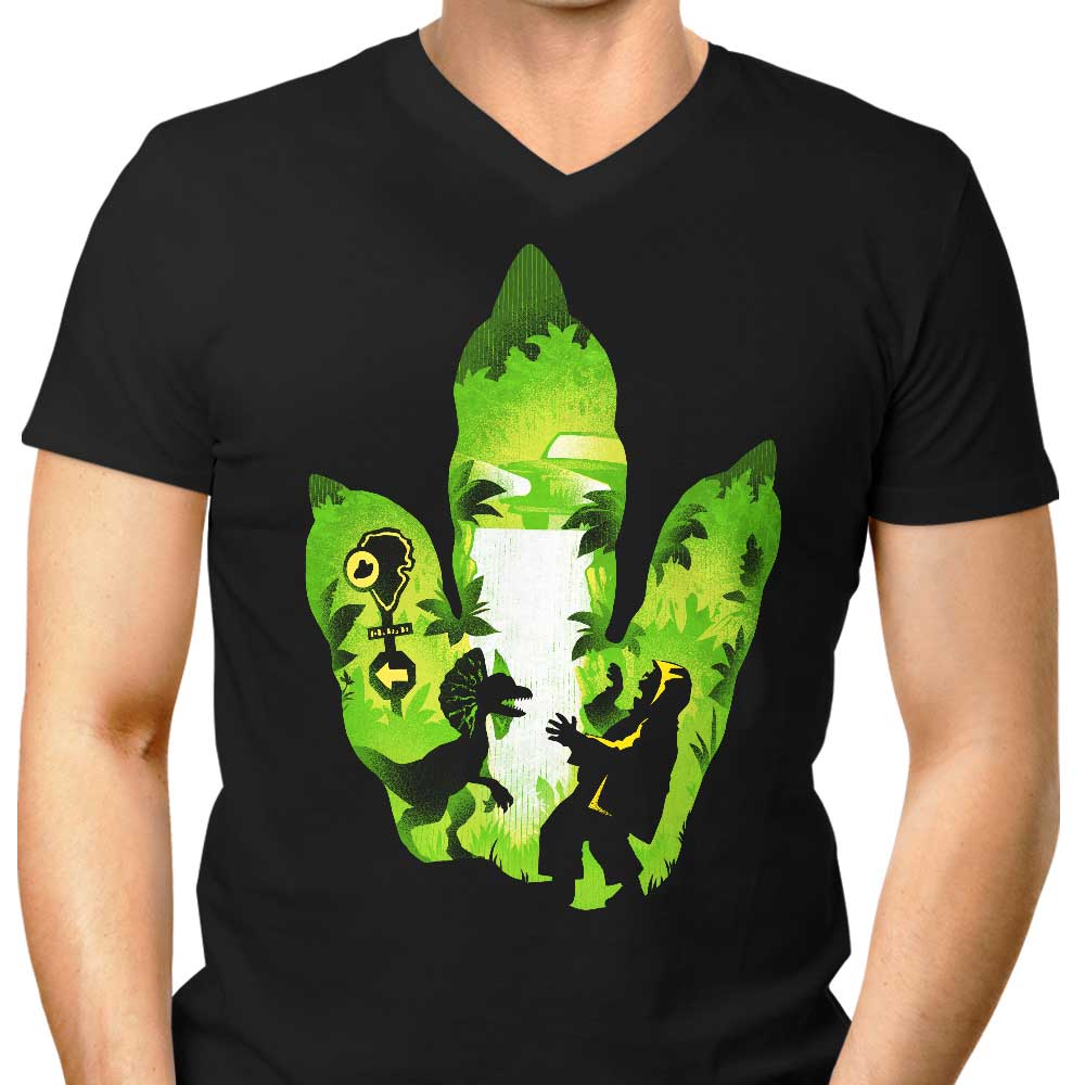 Men's V-Neck T-Shirt with Dilophosaurus Footprint Design